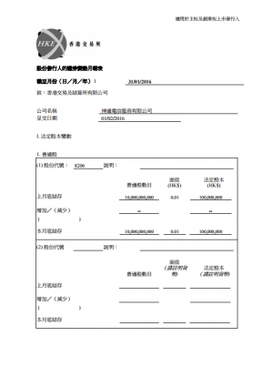 截至二零一六年一月三十一日止之股份發行人的證券變動月報表